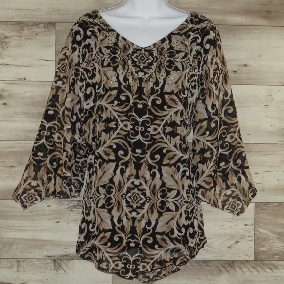 Roz & Ali* Women's Sheer Sleeves V-Neck Sequin Pointed Hem Lined Blouse~ Size 2X - Picture 1 of 10